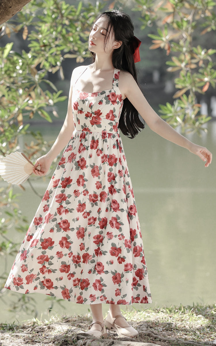 Retro Rose Midi Dress (White/Red)
