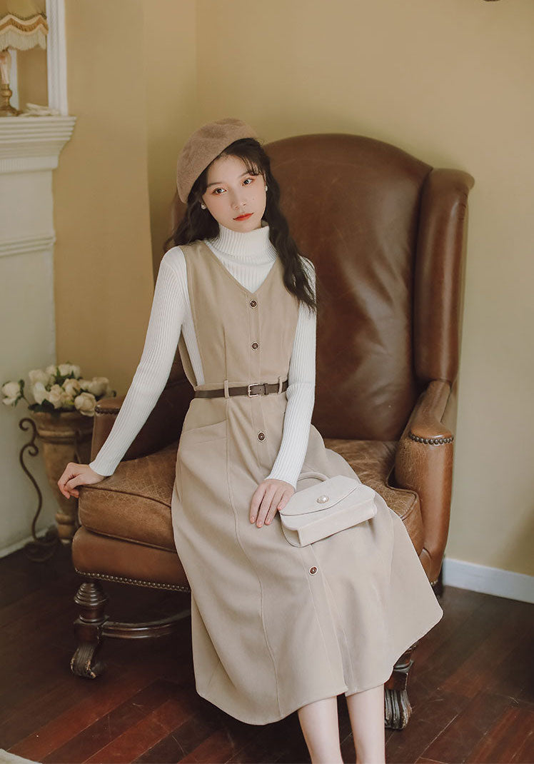 Button Up Suede Pinafore Dress (4 Colors)