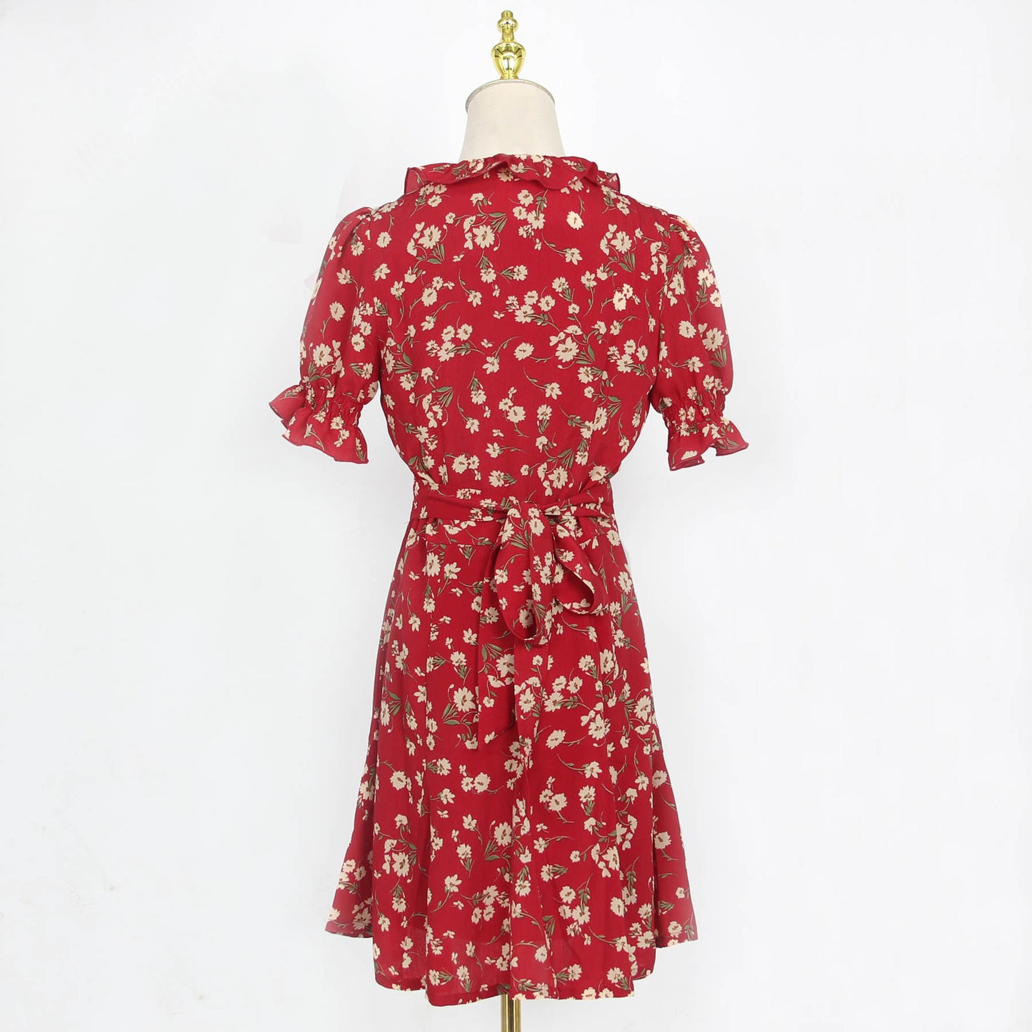 Floral Blossom Puff Sleeve Dress (Red)