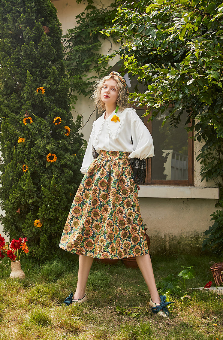 Sunflower Jacquard Midi Skirt (Blue/Yellow)