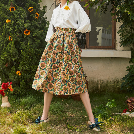 Sunflower Jacquard Midi Skirt (Blue/Yellow)