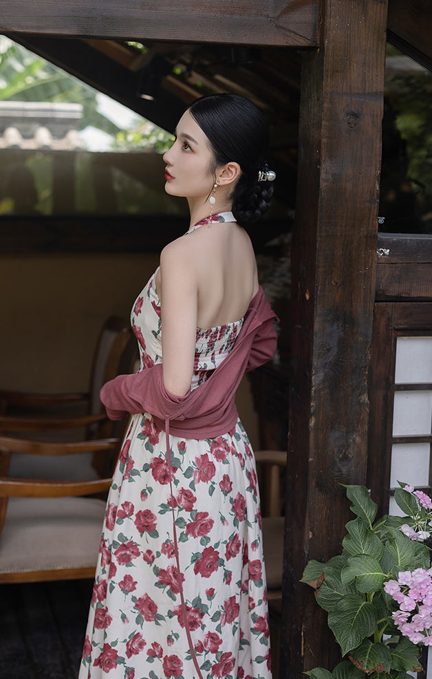 Retro Rose Midi Dress (White/Red)