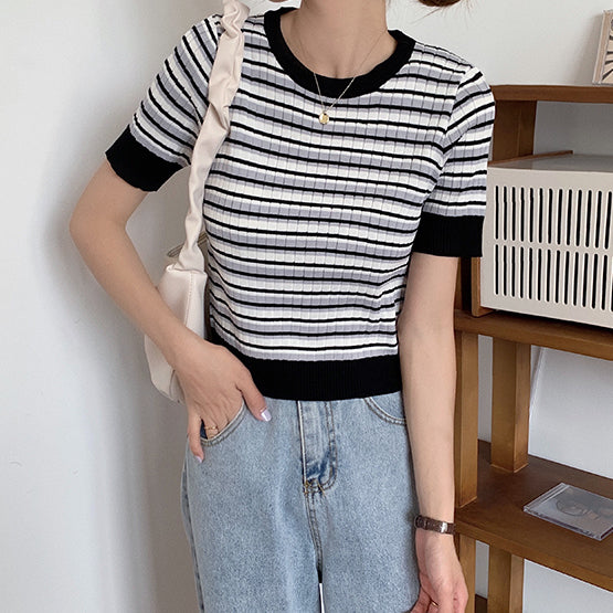 Short Sleeve Stripe Sweater (4 Colors)