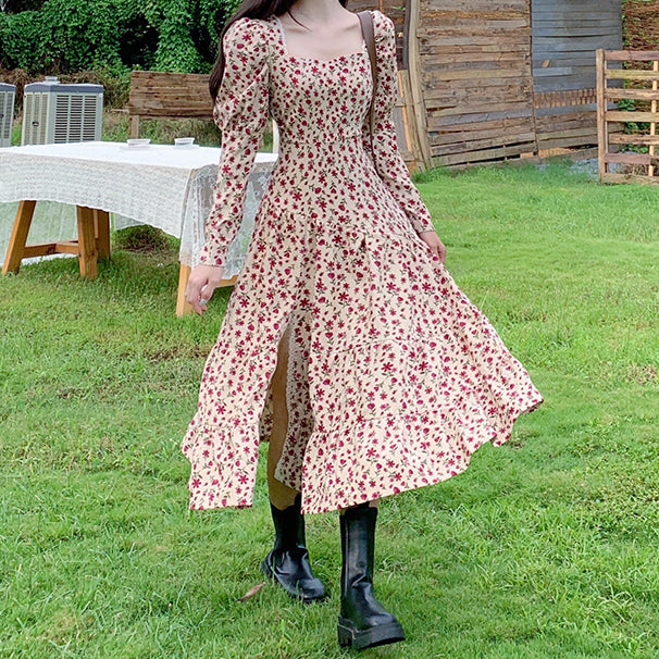 Sweet Floral Corduroy Midi Dress (Cream/Pink)
