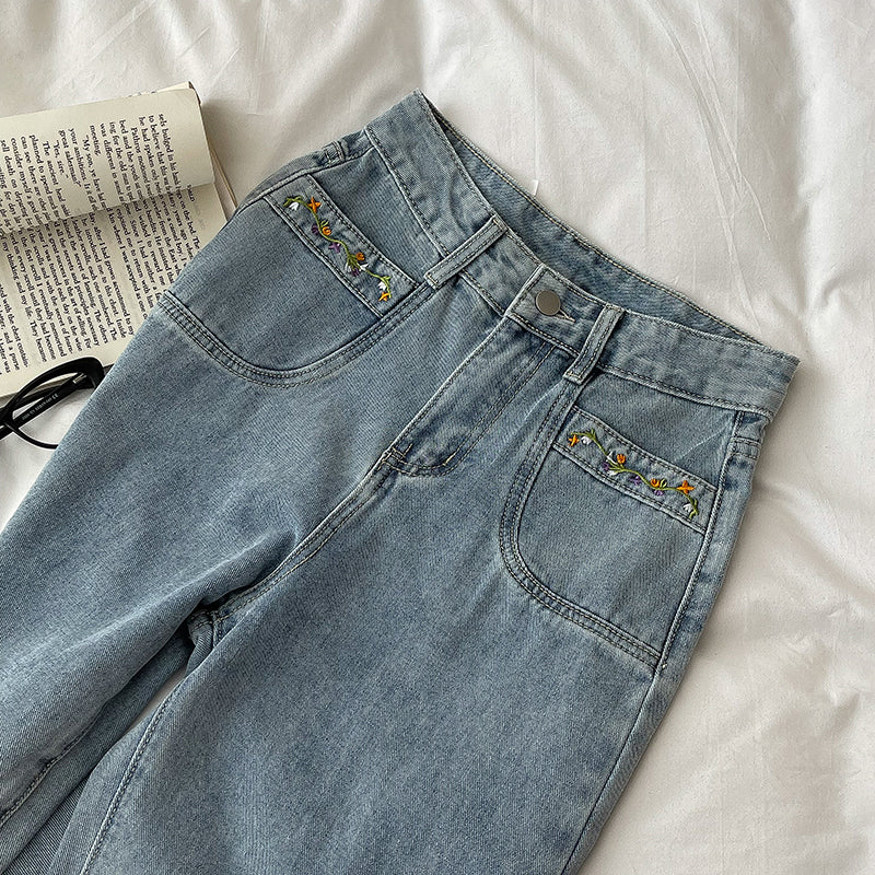 Embroidered Flower Vines Jeans (Light Denim)