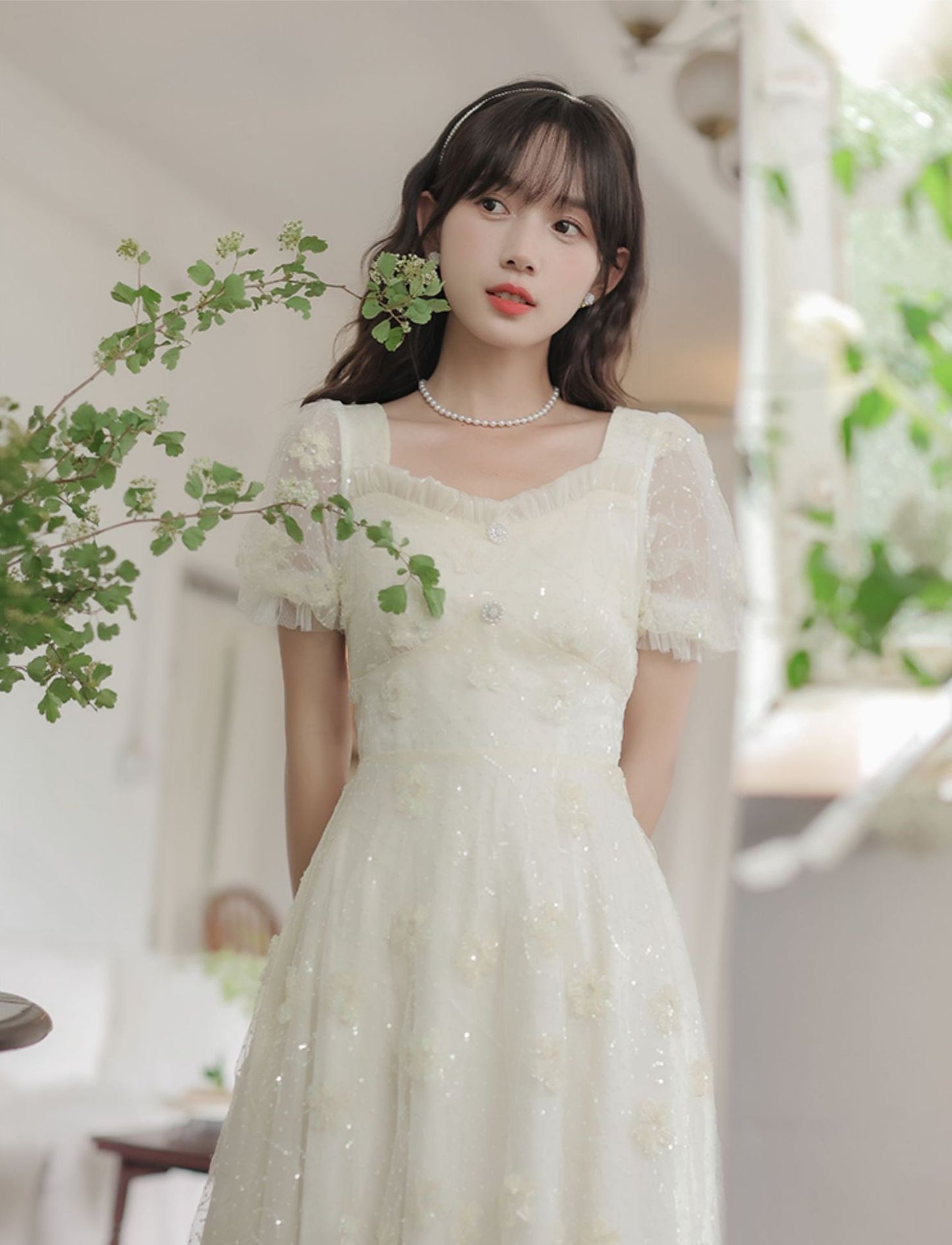 Delicate Flower Sequin Maxi Dress (White)