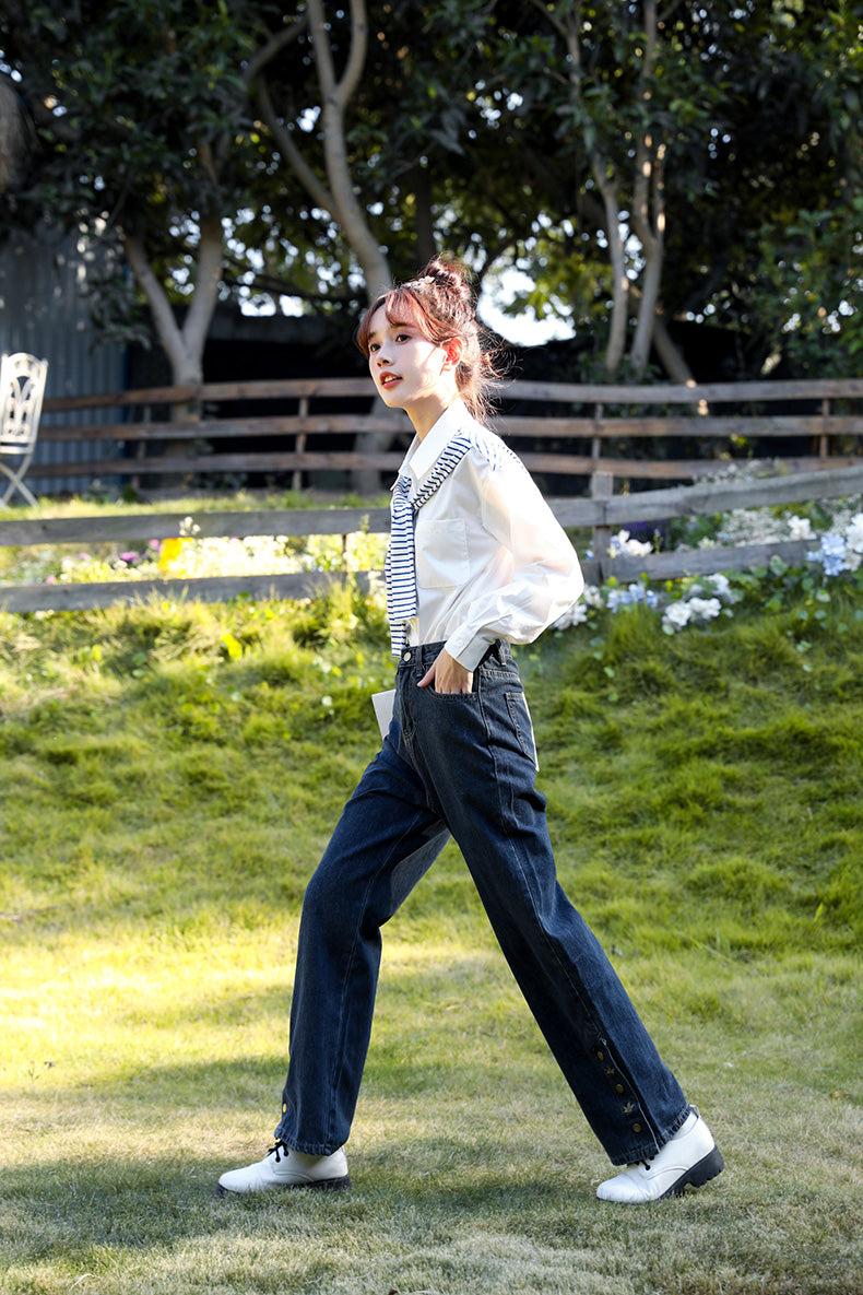 Rose Button Embroidered Jeans (Dark Denim)