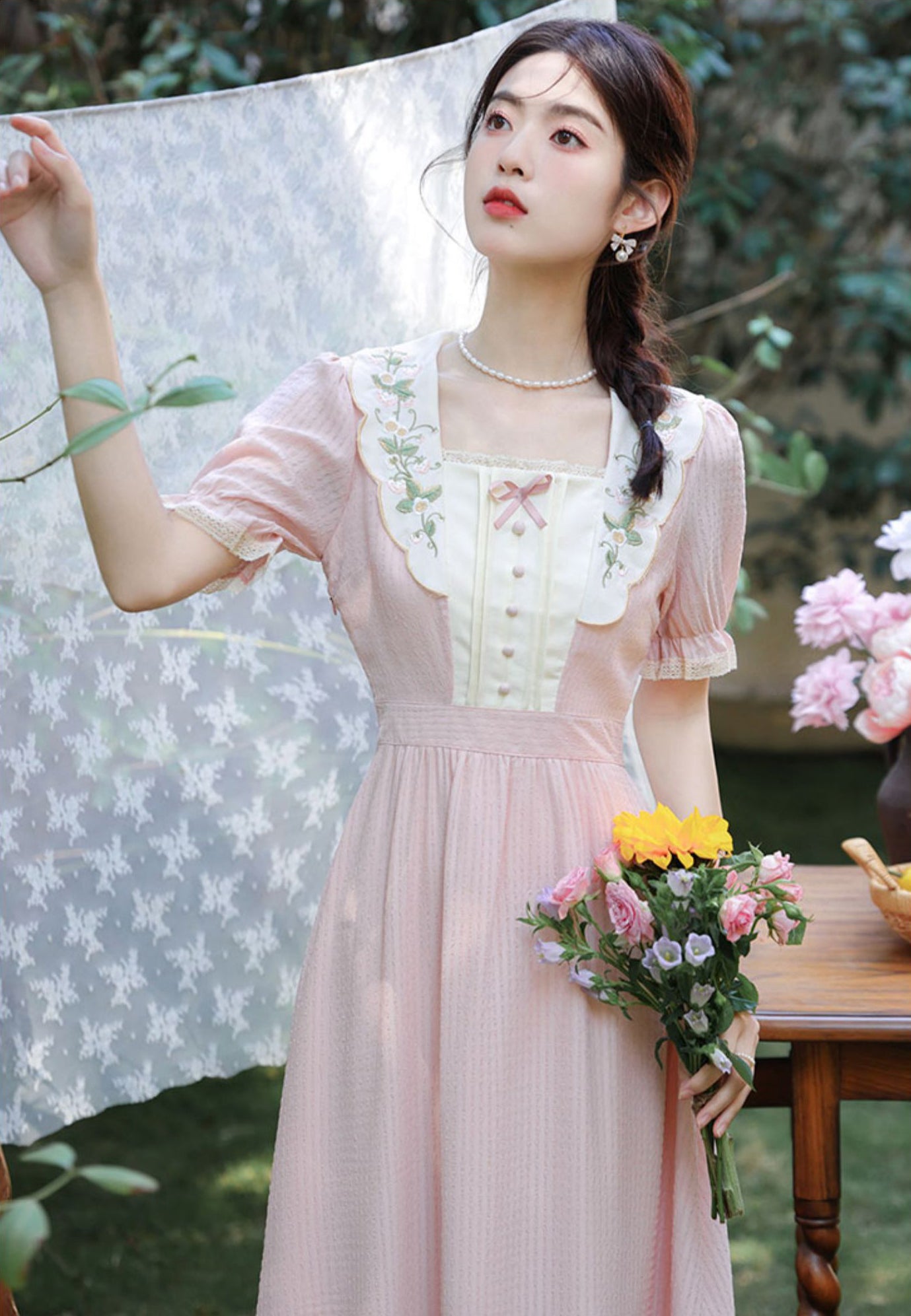 Sweet Floral Embroidered Midi Dress (Pink)