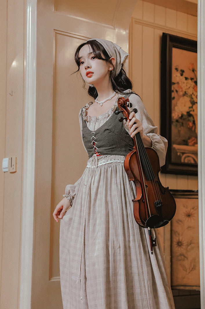 Country Corset Midi Dress (Beige/Olive)