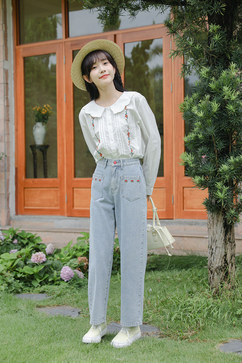 Embroidered Rose Pocket Jeans (Light Denim)