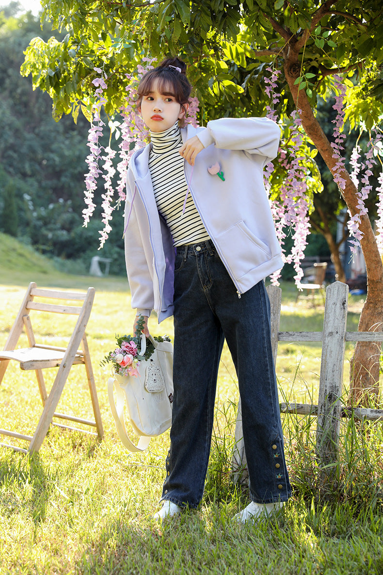 Rose Button Embroidered Jeans (Dark Denim)