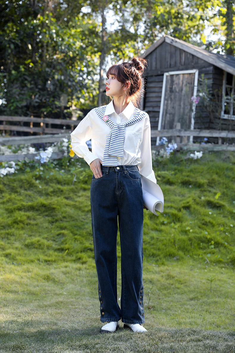 Rose Button Embroidered Jeans (Dark Denim)