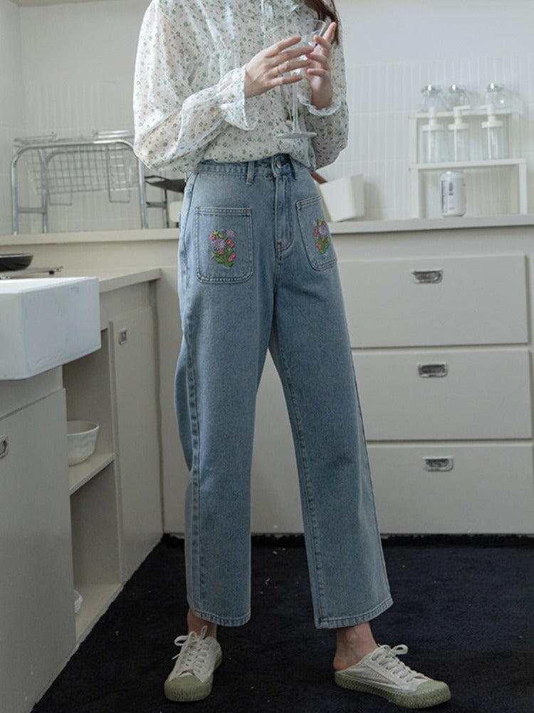 Embroidered Floral Pocket Jeans (Light Denim)