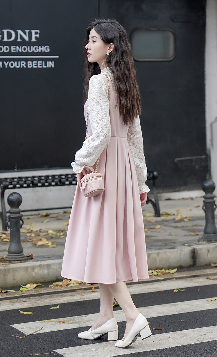 Floral Lace Twofer Midi Dress (Pink/White)