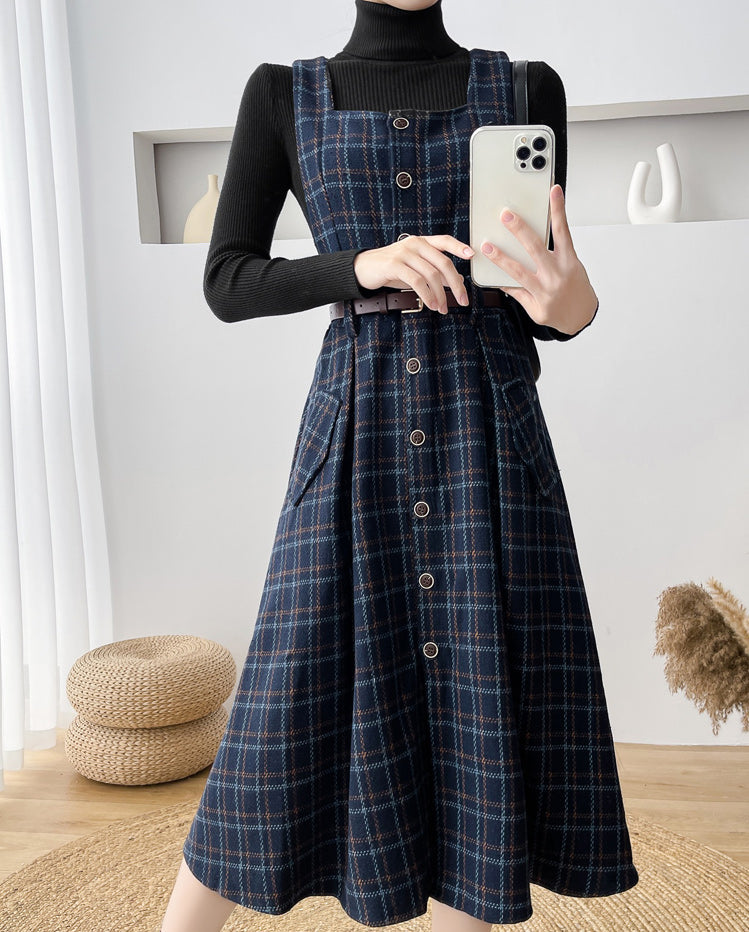 Button Up Plaid Pinafore Dress (2 Colors)