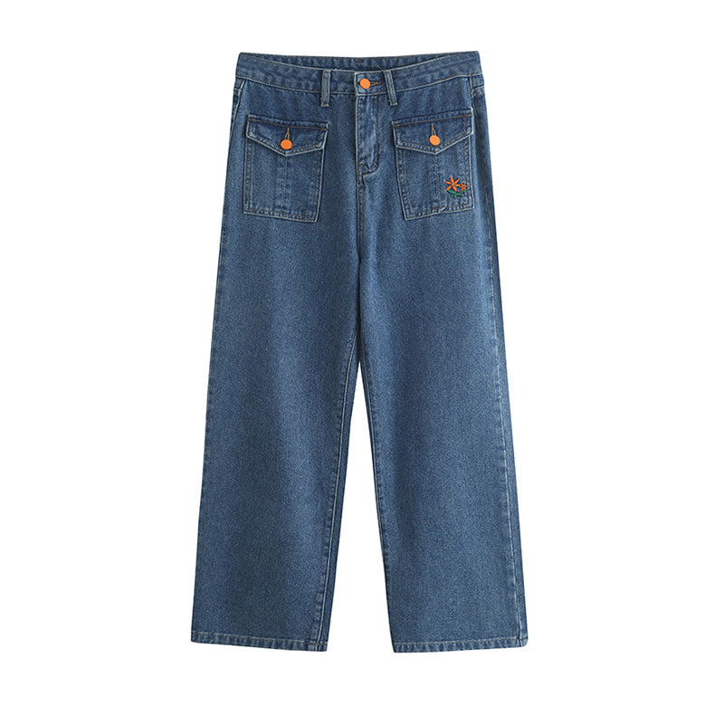 Embroidered Button Pocket Jeans (Medium Denim)