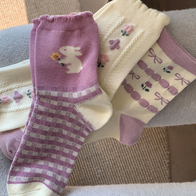 Gingham Rabbit Sock Set (Purple)