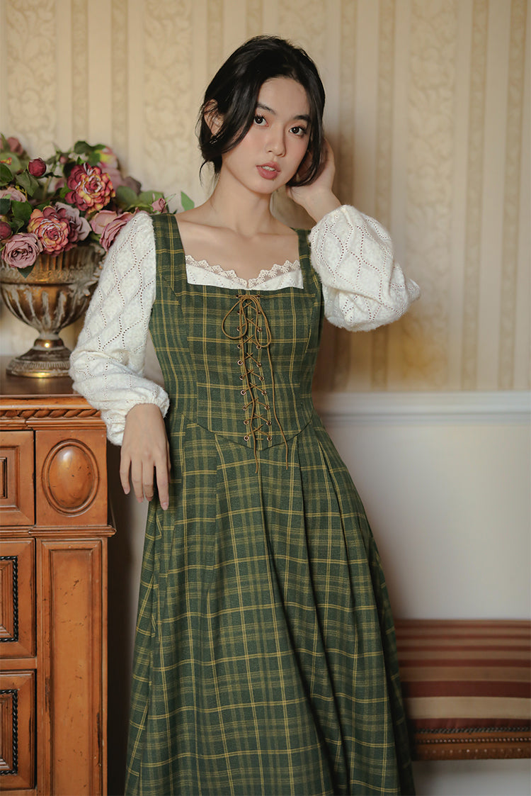 Rustic Plaid Lace Up Corset Midi Dress (Green)