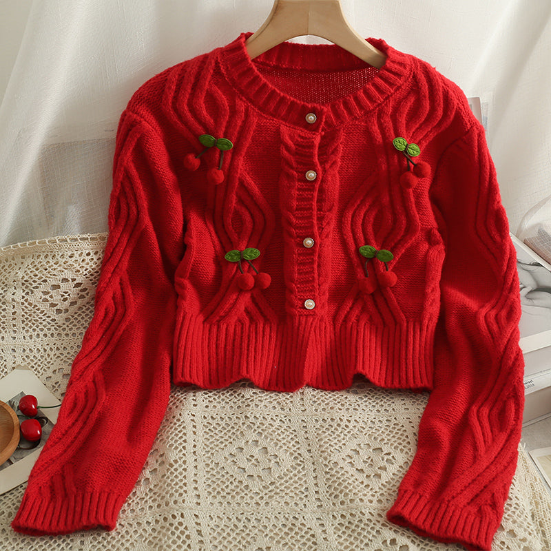 Cherry Pom Pom Cropped Cardigan (4 Colors)
