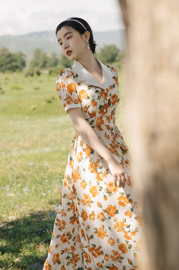 Sunset Rose Collared Midi Dress (White/Orange)