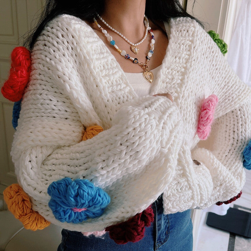 Chunky Daisy Cropped Cardigan (White/Multi)