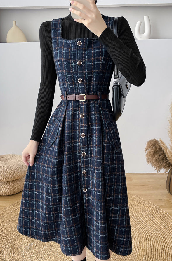 Button Up Plaid Pinafore Dress (2 Colors)