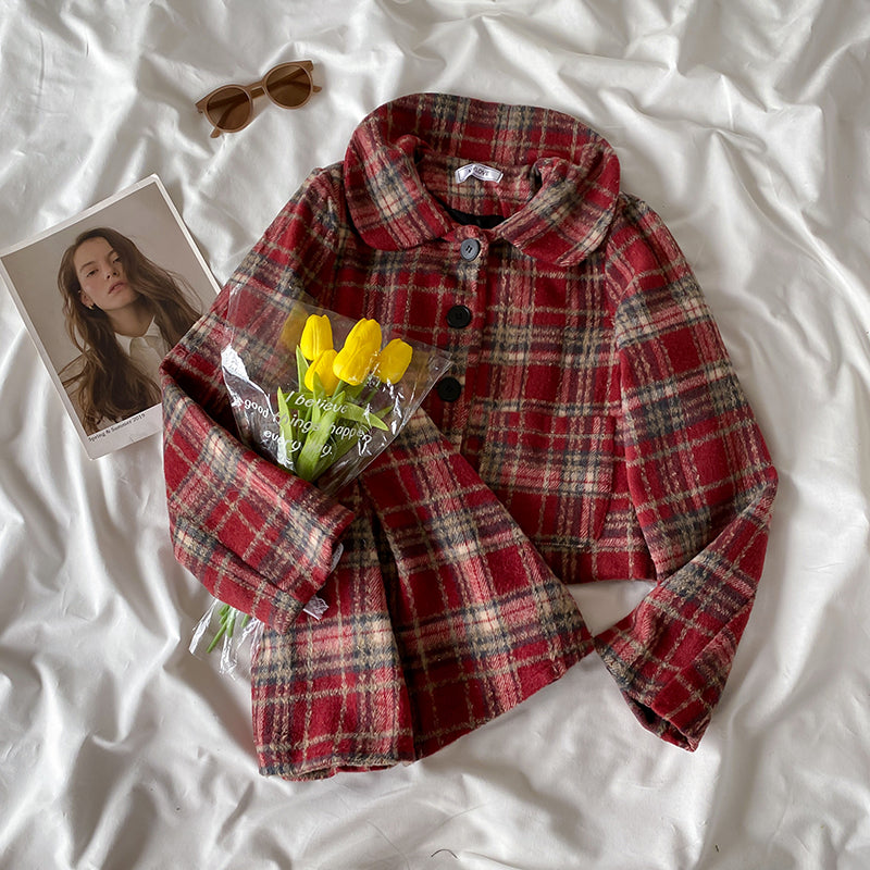 Berry Plaid Jacket & Skirt Set (Red)