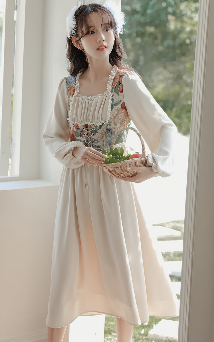 Floral Tapestry Jacquard Corset Dress (White)