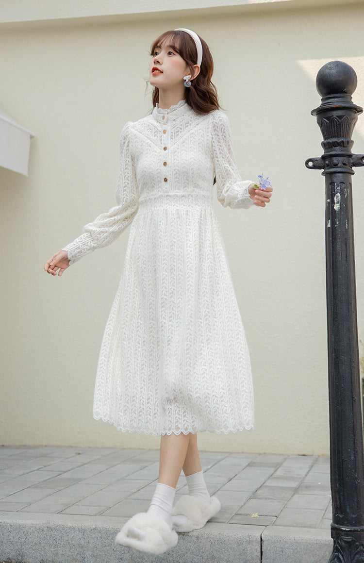 Lace & Vines Midi Dress (White)
