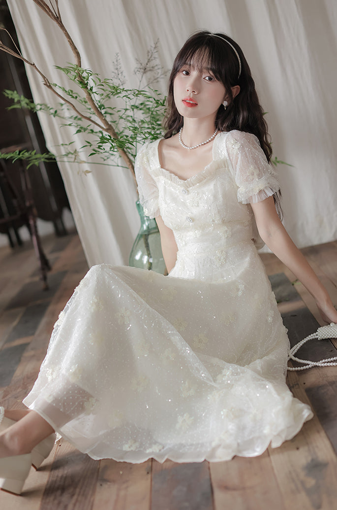 Delicate Flower Sequin Maxi Dress (White)
