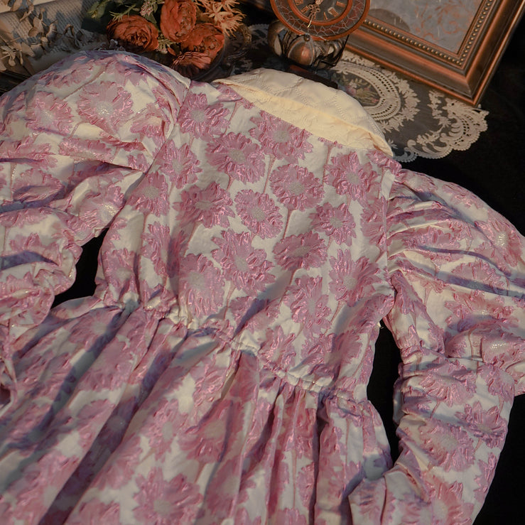 Puff Sleeve Daisy Jacquard Dress (Pink)