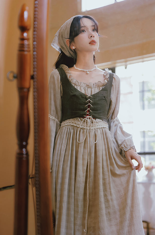 Country Corset Midi Dress (Beige/Olive)