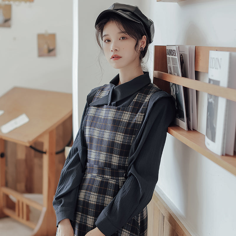 Crepe Plaid Pinafore Dress Set (2 Colors)