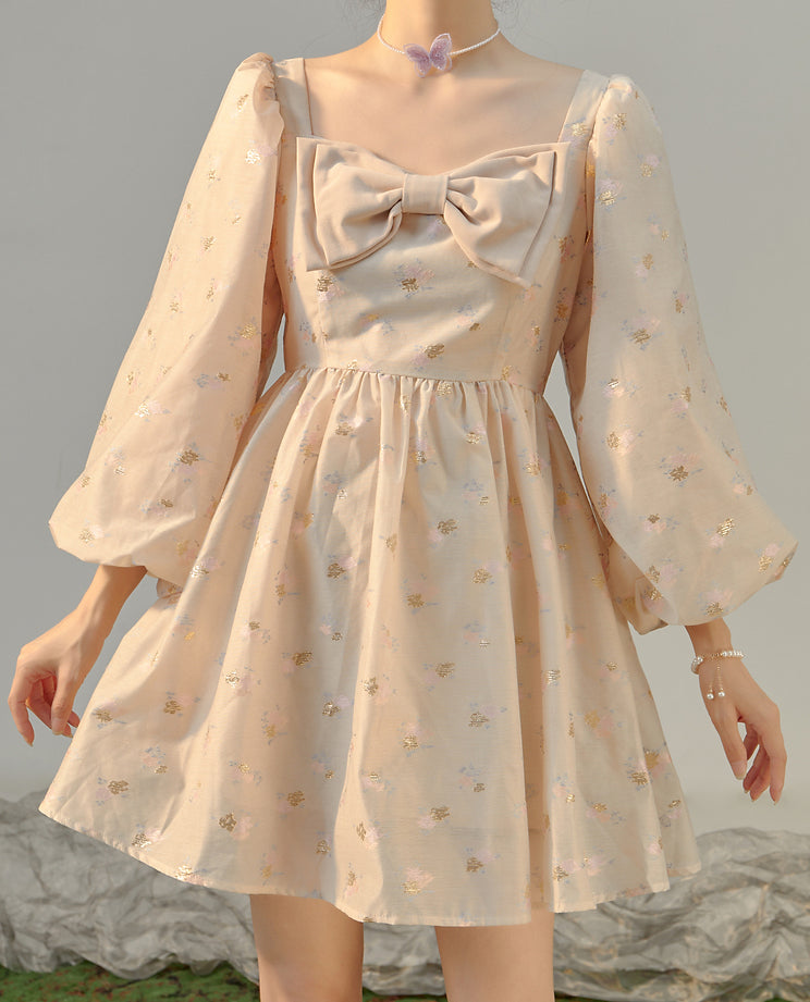 Puff Sleeve Bow Floral Jacquard Dress (Beige)