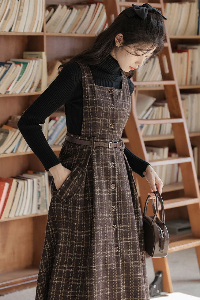 Button Up Plaid Pinafore Dress (2 Colors)