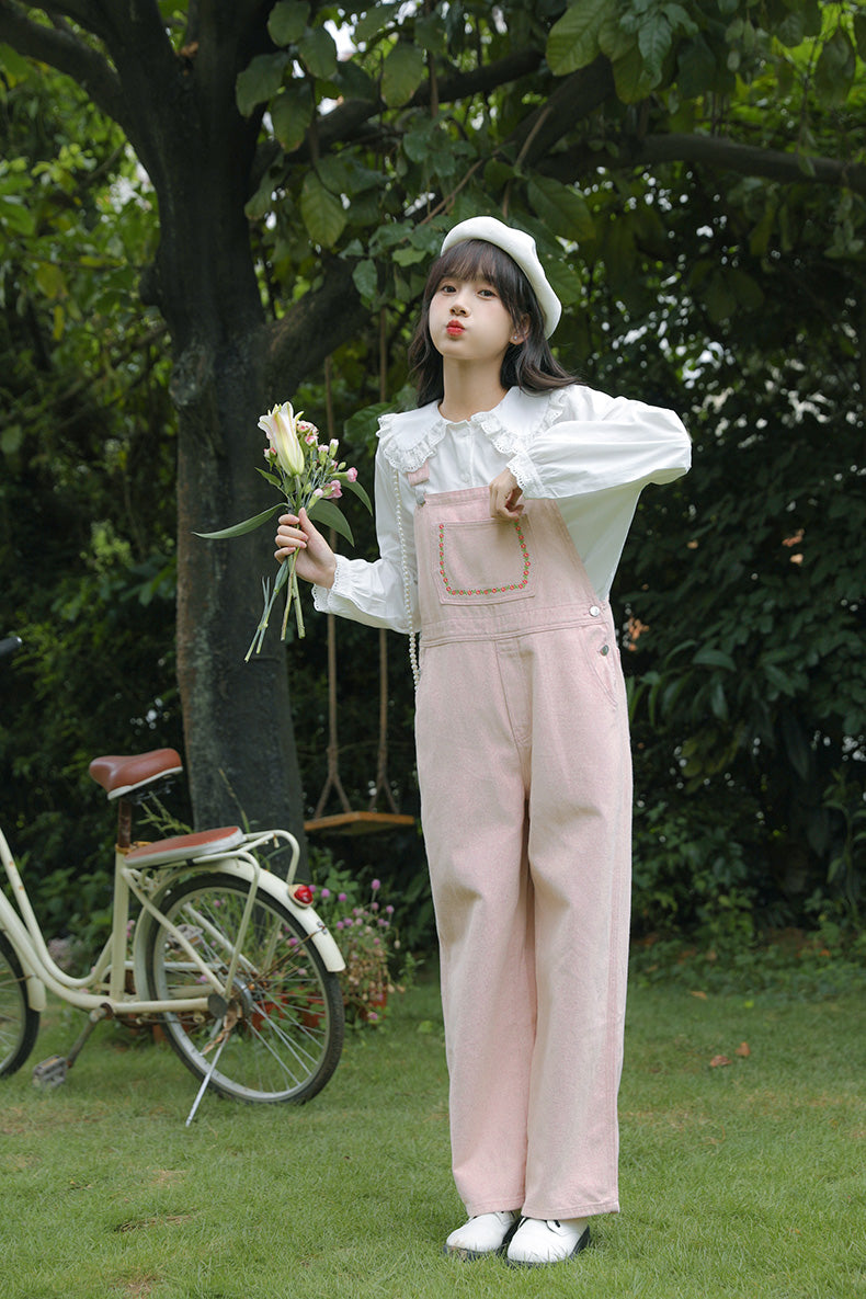 Daisy Chain Embroidered Denim Overalls (Pink)