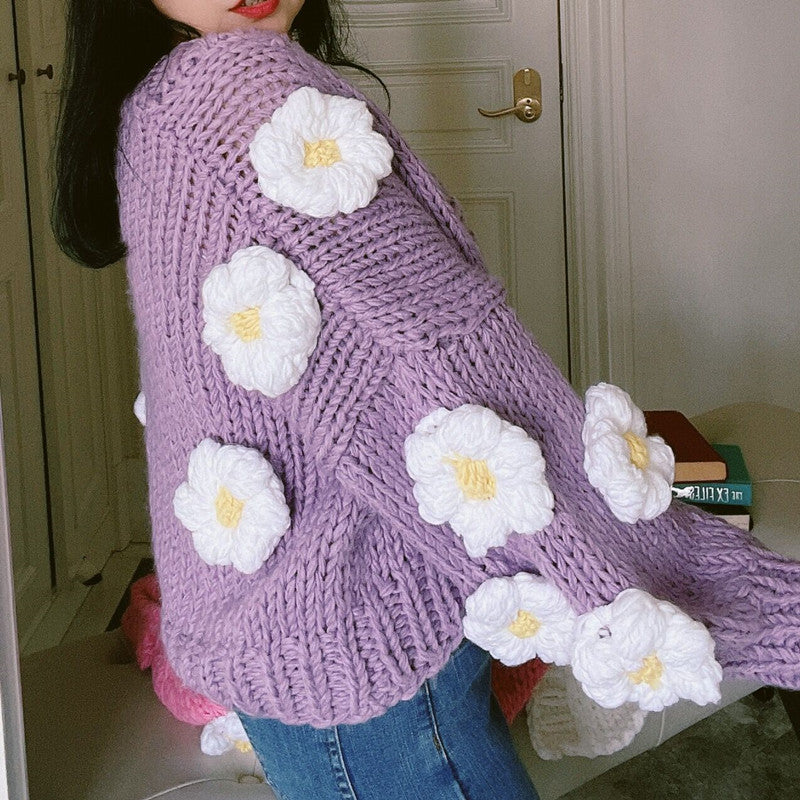 Chunky Daisy Cropped Cardigan (Purple)