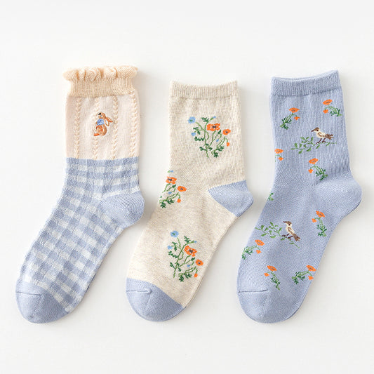 Garden Picnic Sock Set (Cream/Blue)