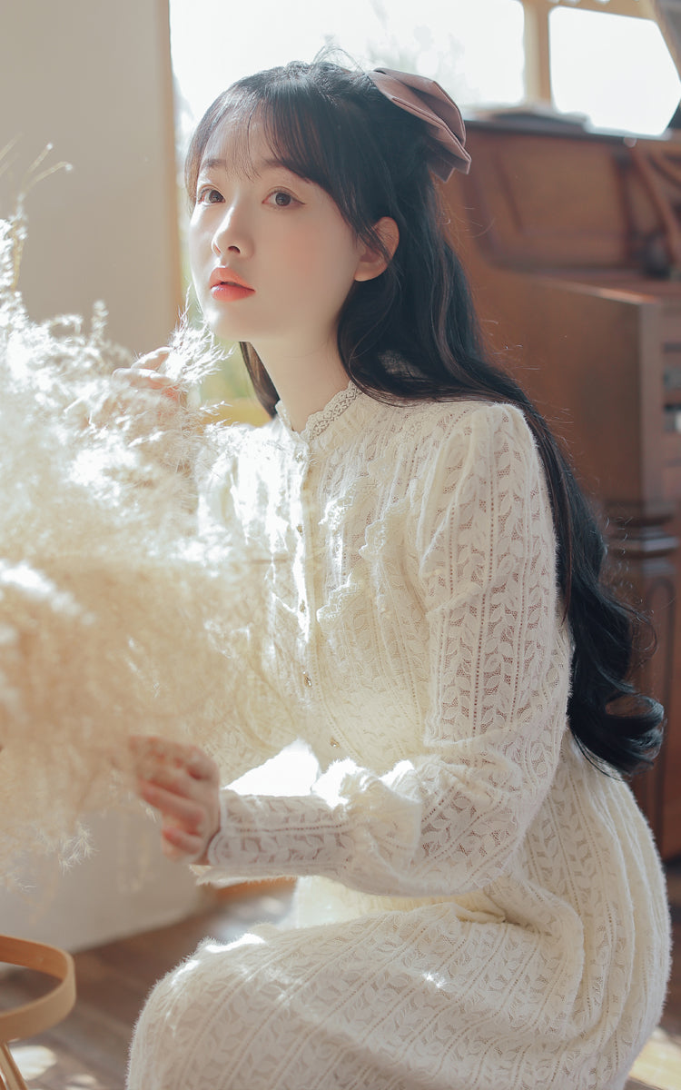 Lace & Vines Midi Dress (White)