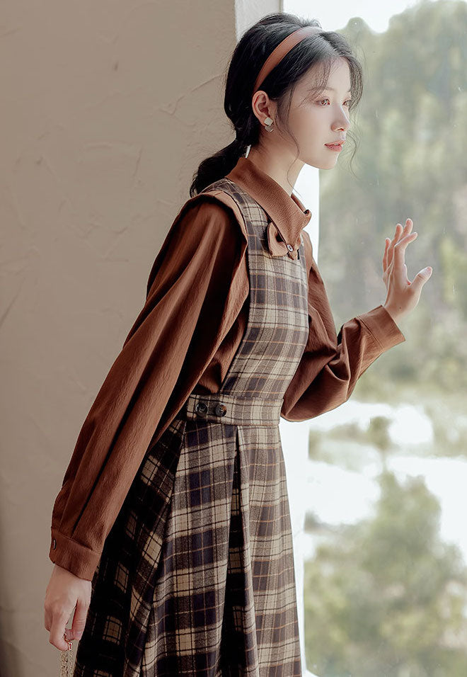 Crepe Plaid Pinafore Dress Set (2 Colors)