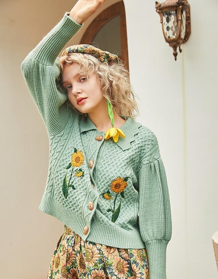 Sunflower Collared Cardigan (Sage)