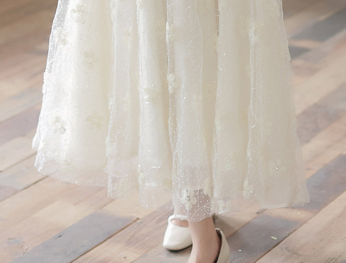 Delicate Flower Sequin Maxi Dress (White)