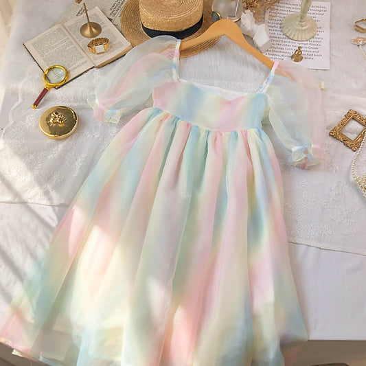 Pastel Puff Sleeve Midi Dress (Rainbow)