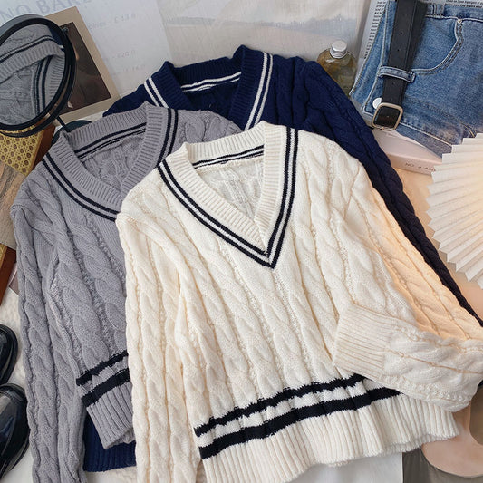 Varsity Cable Knit V-Neck Sweater (3 Colors)
