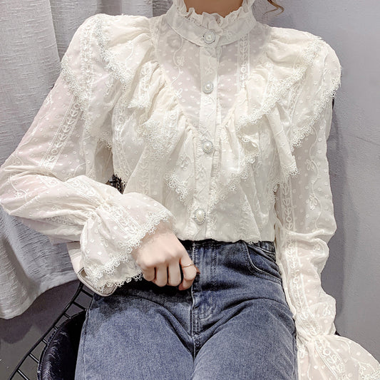Ruffle Lace High Neck Button Up Shirt (2 Colors)