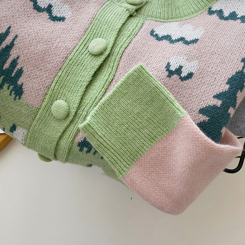 Country Sheep Cardigan (Pink/Green)