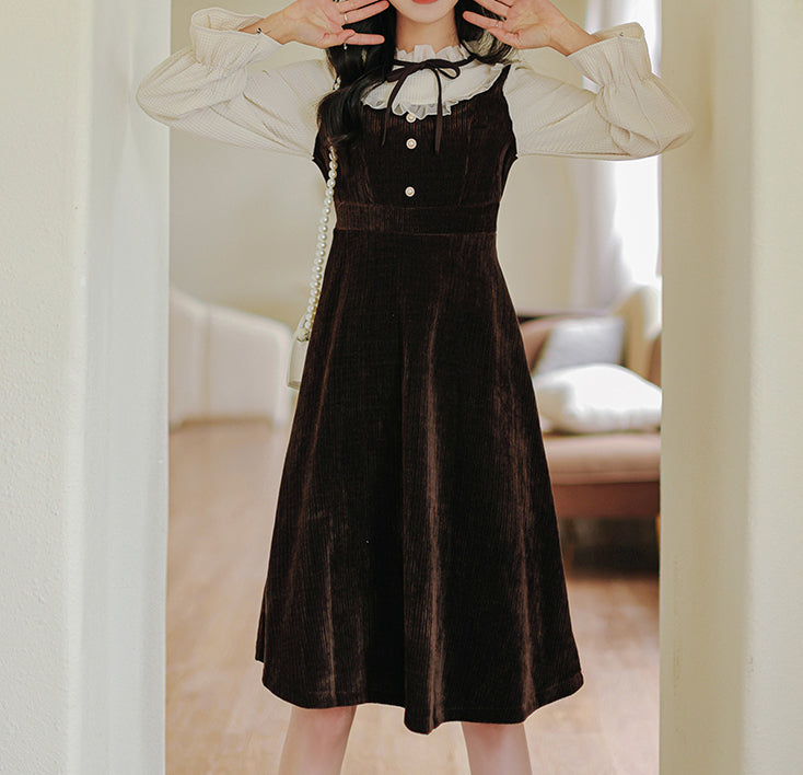 Frilly High Neck Corduroy Sweater Dress (2 Colors)