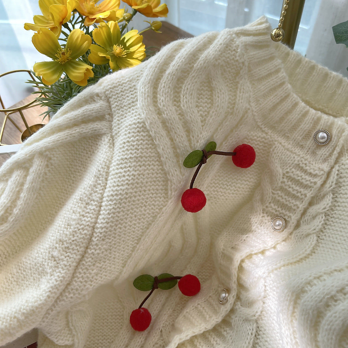 Cherry Pom Pom Cropped Cardigan (4 Colors)