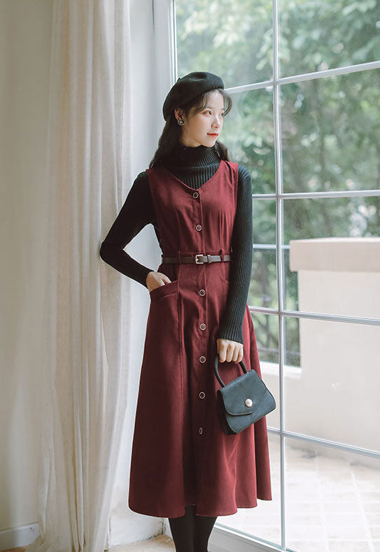 Button Up Suede Pinafore Dress (4 Colors)