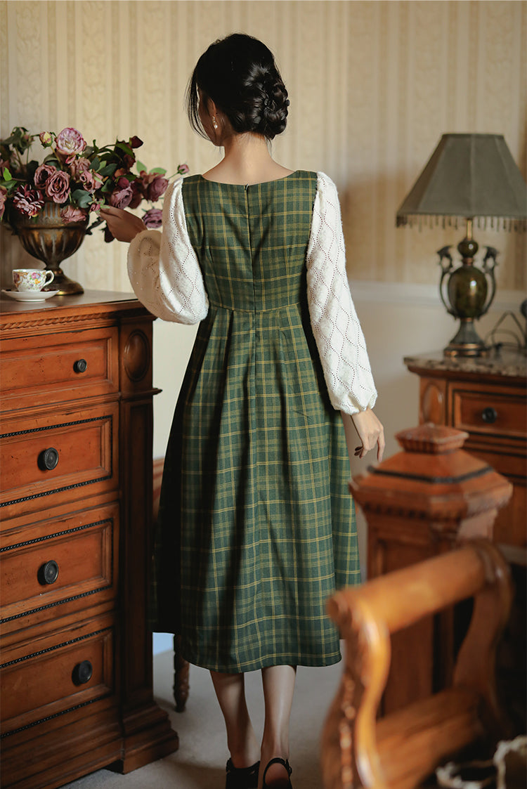 Rustic Plaid Lace Up Corset Midi Dress (Green)